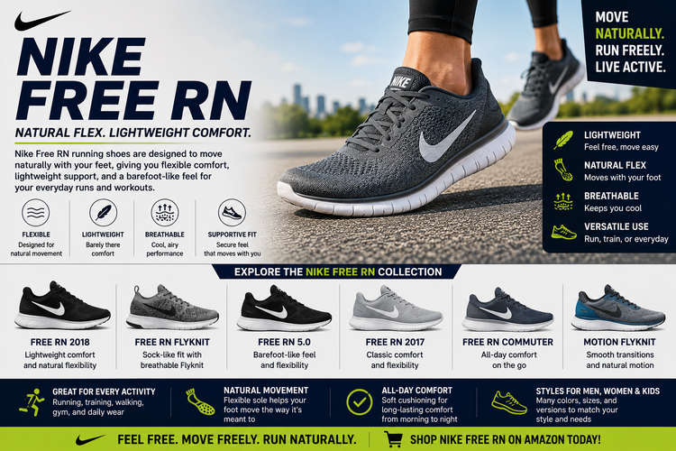Nike Free RN collection image featuring Nike Free RN running shoes, Free RN 2018, Free RN 2017, Free RN Flyknit, Free RN 5.0, Free RN Commuter, Motion Flyknit, men’s and women’s flexible Nike running shoes.