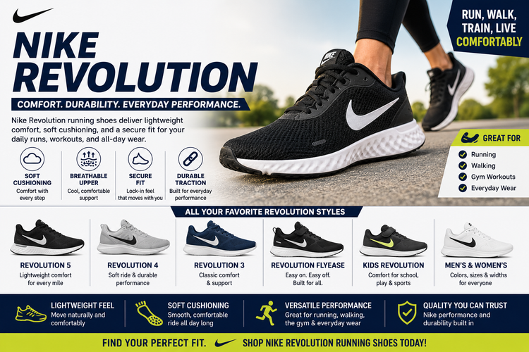 Nike Revolution collection image featuring Nike Revolution running shoes, Nike Revolution 5, Revolution 4, Revolution 3, FlyEase, men’s, women’s, kids, youth, black, white, and wide running shoe styles.