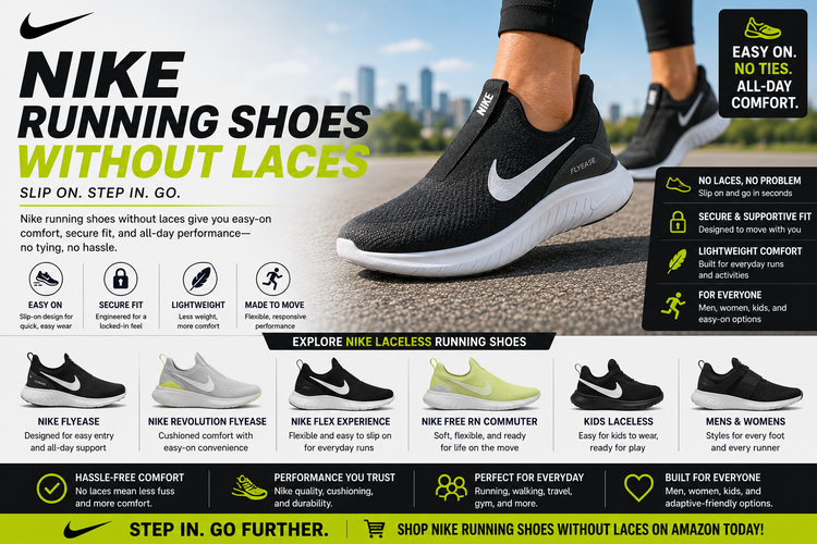 Nike Running Shoes Without Laces collection image featuring laceless Nike running shoes, no-tie Nike shoes, slip-on Nike sneakers, FlyEase styles, men’s, women’s, kids, and boys easy-on running shoes.