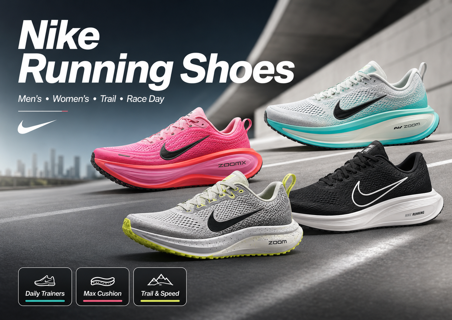 Nike Running Shoes collection image featuring Nike running shoes for men and women, Nike trail running shoes, Nike Flyknit running shoes, Pegasus, Vomero, Invincible, Structure, and Alphafly models.