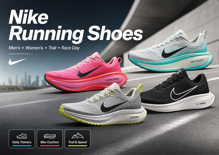 Nike Running Shoes collection image featuring Nike running shoes for men and women, Nike trail running shoes, Nike Flyknit running shoes, Pegasus, Vomero, Invincible, Structure, and Alphafly models.