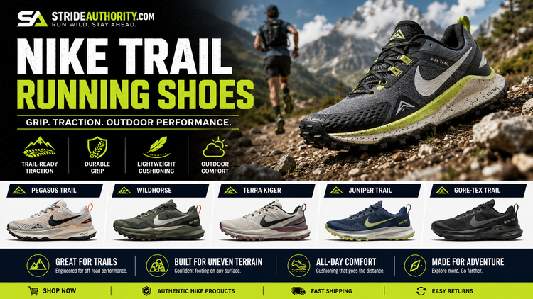 Nike Trail Running Shoes collection image featuring men’s and women’s Nike trail running shoes, Pegasus Trail, Wildhorse, Terra Kiger, Juniper Trail, Gore-Tex trail shoes, outdoor running shoes, and rugged traction styles.