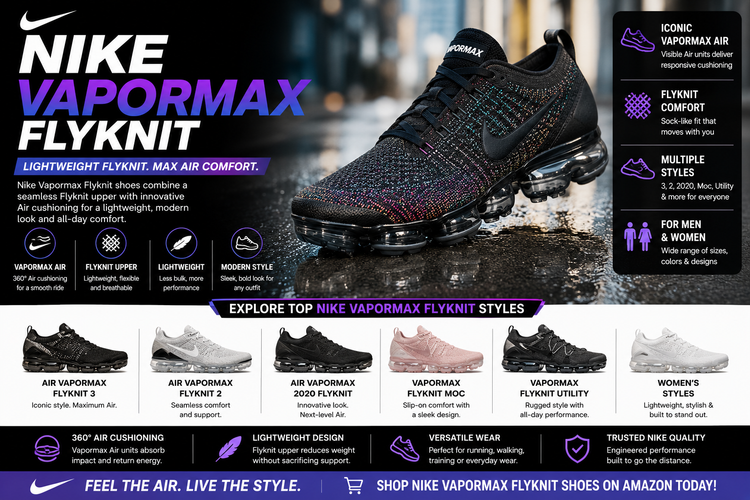 Nike Vapormax Flyknit collection image featuring Nike Air Vapormax Flyknit 3, Vapormax Flyknit 2, Vapormax 2020 Flyknit, Vapormax Moc, Vapormax Utility, men’s, women’s, black, white, pink, and triple black Flyknit styles.