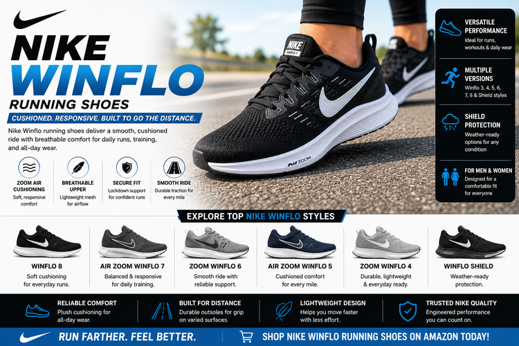 Nike Winflo collection image featuring Nike Winflo running shoes, Nike Air Zoom Winflo 7, Winflo 8, Zoom Winflo 6, Winflo 5, Winflo 4, Shield styles, men’s and women’s cushioned road running shoes.