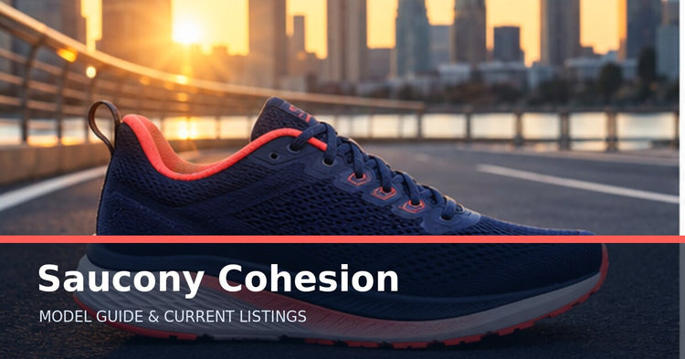 Saucony Cohesion collection guide with an unbranded road running shoe on a city path