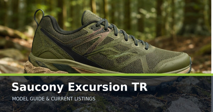 Saucony Excursion TR collection guide with an unbranded trail running shoe on a forest path