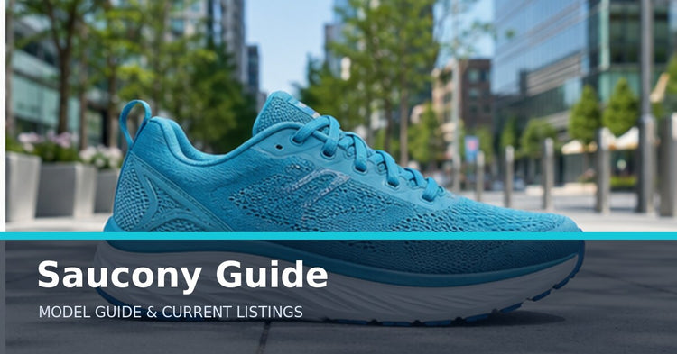 Saucony Guide collection guide with an unbranded supportive running shoe on an urban path