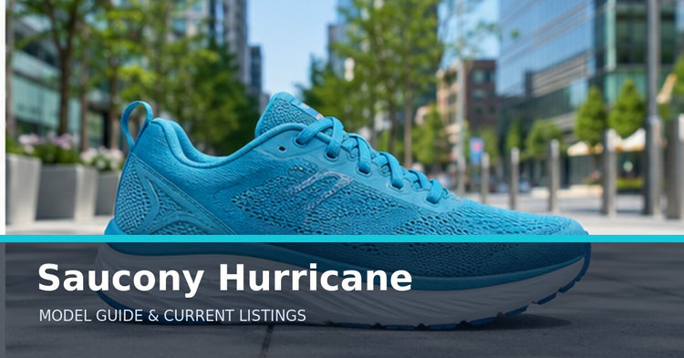 Saucony Hurricane collection guide with an unbranded supportive running shoe on an urban path