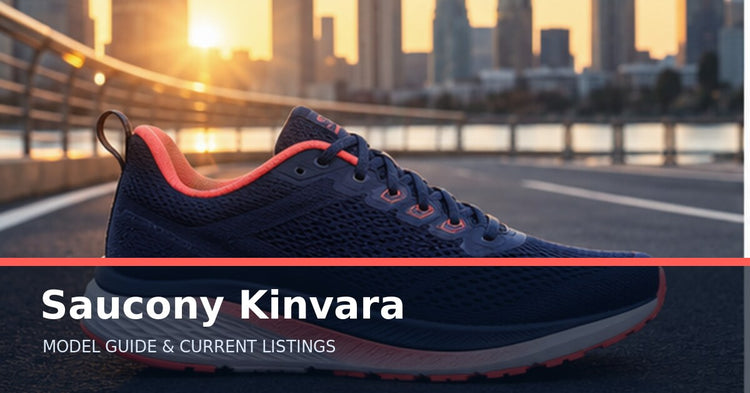 Saucony Kinvara collection guide with an unbranded road running shoe on a city path