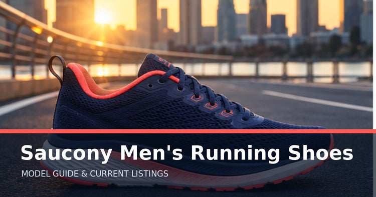 Saucony Men’s Running Shoes collection guide with an unbranded road running shoe on a city path