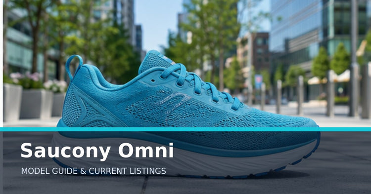 Saucony Omni collection guide with an unbranded supportive running shoe on an urban path
