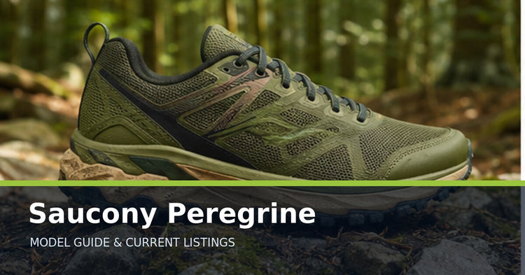 Saucony Peregrine collection guide with an unbranded trail running shoe on a forest path