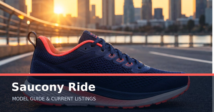 Saucony Ride collection guide with an unbranded road running shoe on a city path