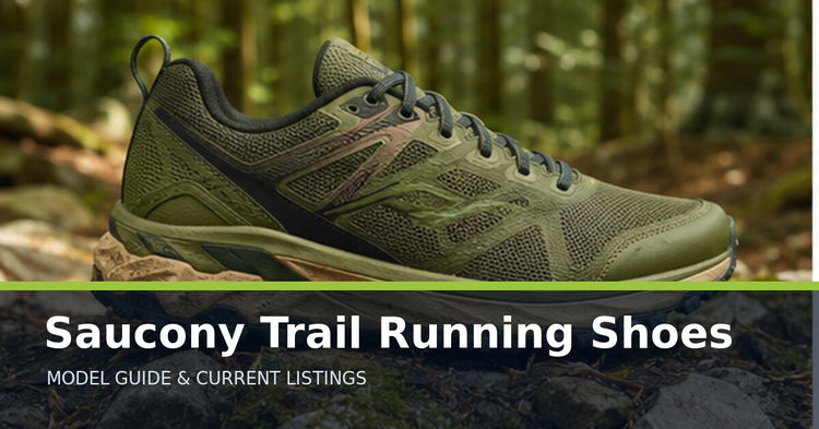 Saucony Trail Running Shoes collection guide with an unbranded trail running shoe on a forest path