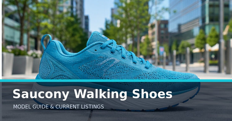 Saucony Walking Shoes collection guide with an unbranded supportive running shoe on an urban path