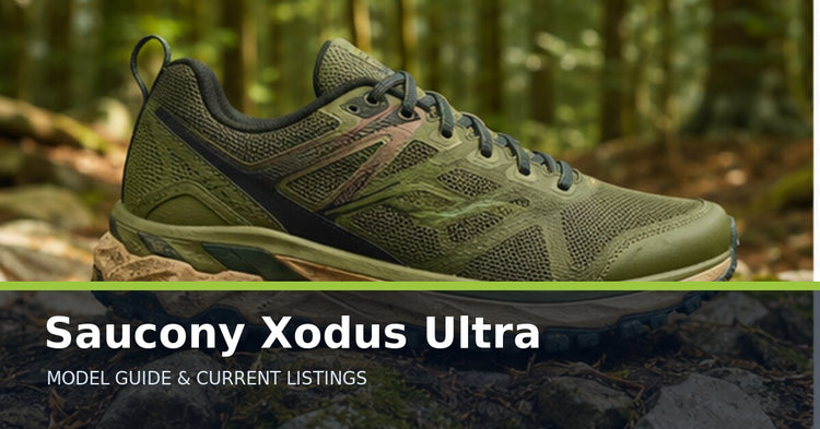 Saucony Xodus Ultra collection guide with an unbranded trail running shoe on a forest path