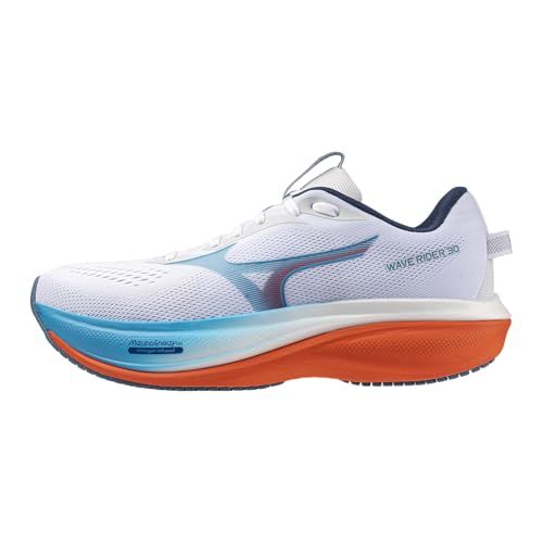 Mizuno Wave Rider 30 men’s 2E running shoe in White-Blue Jewel, lateral view