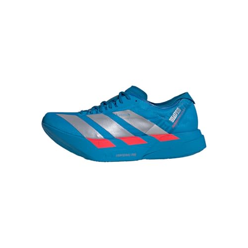 Men's adidas Adizero Adios Pro 4 racing shoe in solar blue, silver and lucid red