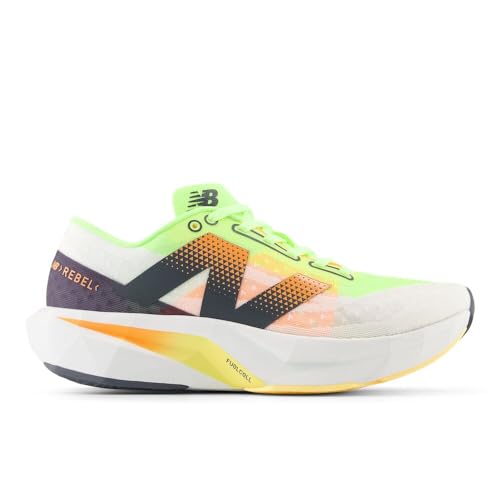 New Balance Men's FuelCell Rebel V4 Running Shoe, White/Bleached Lime Glo/Hot Mango, 14 M