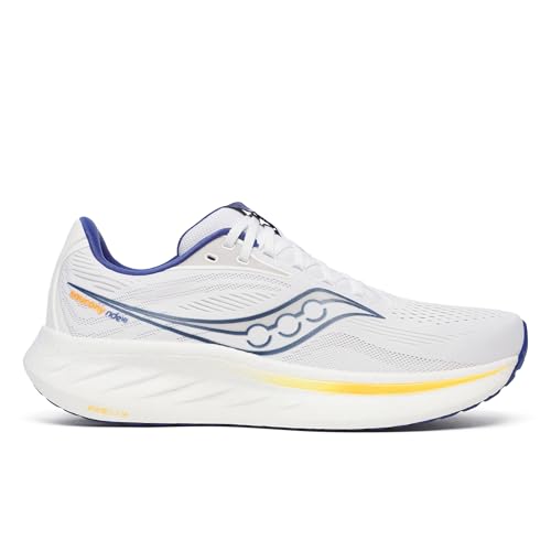 Saucony Men's Ride 18 Sneaker, White/Azurite, 14
