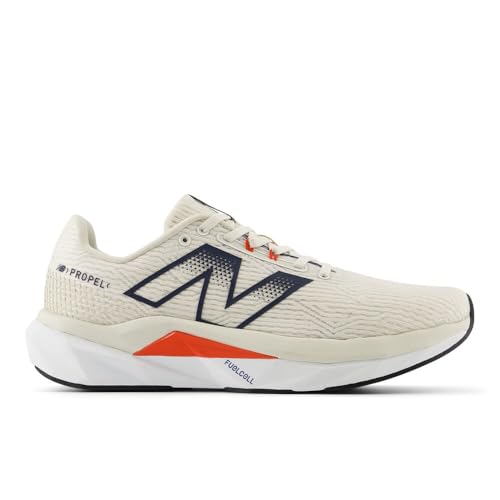 New Balance Men's FuelCell Propel V5 Running Shoe, Linen/Nb Navy/Neo Flame, 9 M