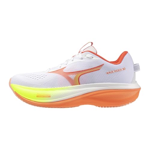 Mizuno Wave Rider 30 women’s running shoe in White-Flamingo Coral, lateral view
