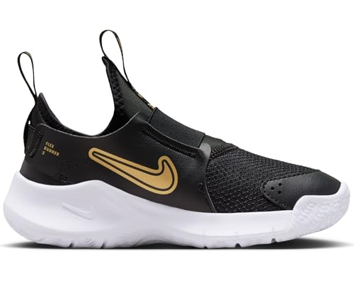 Nike Flex Runner 3 Little Kids' Shoes (FN1449-006, Black/White/Metallic Gold) Size 9