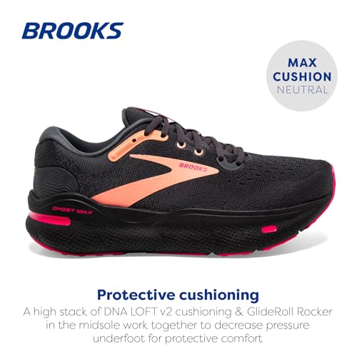 Brooks Women’s Ghost Max Cushion Neutral Running & Walking Shoe - Black/Papaya/Raspberry - 6.5 Medium