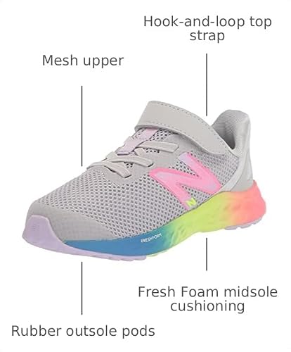 New Balance Baby Girls Fresh Foam Arishi V4 Hook and Loop Running Shoe, Light Aluminum/Cyber Lilac/Neon Pink, 4 Wide Infant