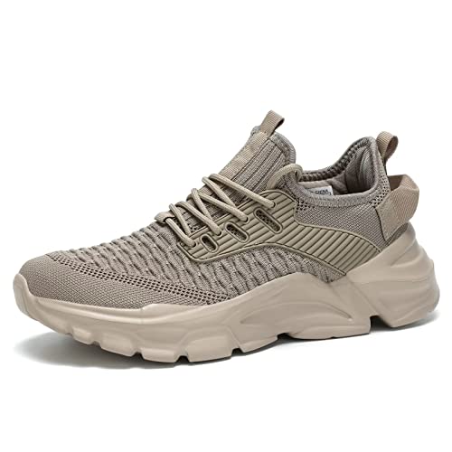 Srenket Men's Running Shoes Non Slip Shoes Breathable Lightweight Fashion Sneakers Slip Resistant Athletic Sports Walking Gym Work Shoes Khaki