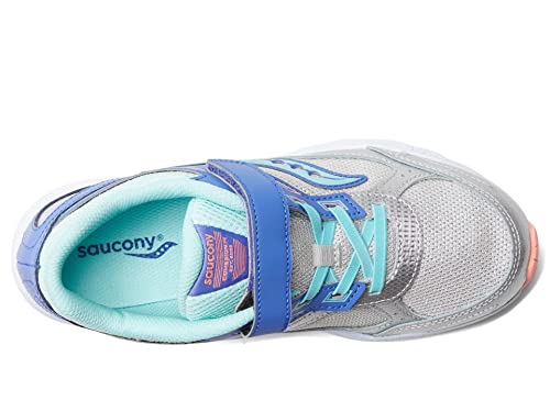 Saucony Cohesion 14 Alternative Closure Running Shoe, SILVER/PERIWINKLE/TURQ, 1 US Unisex Big Kid
