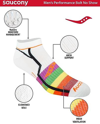 Saucony Men's Multi-Pack Bolt Performance Comfort Fit No-Show Socks, Bright Assorted (6 Pairs), Shoe Size: 5-8