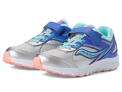 Saucony Cohesion 14 Alternative Closure Running Shoe, SILVER/PERIWINKLE/TURQ, 1 US Unisex Big Kid