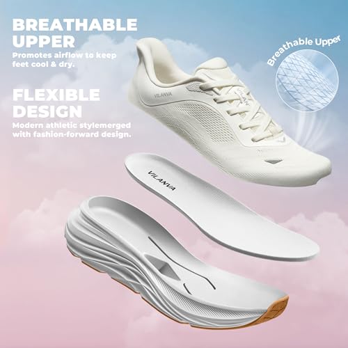 Vilanva Women's Comfortable White Walking Shoes Cushion Running Tennis Shoes Non-Slip Workout Gym Athletic Breathable Trendy Fashion Sneakers Size 8