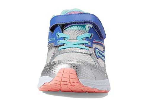 Saucony Cohesion 14 Alternative Closure Running Shoe, SILVER/PERIWINKLE/TURQ, 1 US Unisex Big Kid