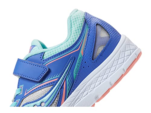 Saucony Cohesion 14 Alternative Closure Running Shoe, SILVER/PERIWINKLE/TURQ, 1 US Unisex Big Kid