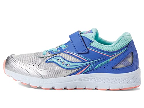 Saucony Cohesion 14 Alternative Closure Running Shoe, SILVER/PERIWINKLE/TURQ, 1 US Unisex Big Kid