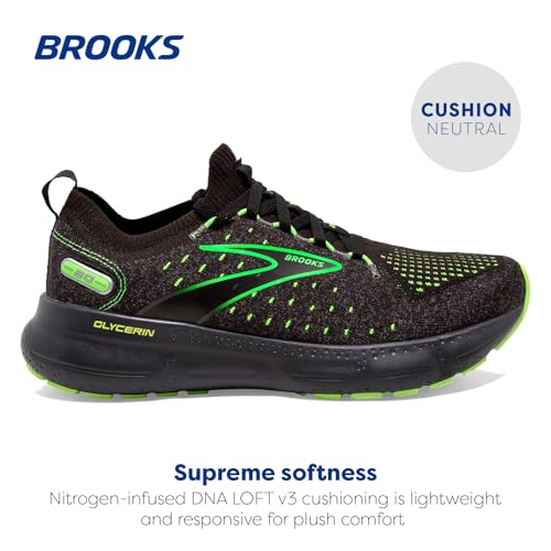 Brooks Men’s Glycerin StealthFit 20 Neutral Running Shoe - Black/Pearl/Green Gecko - 7.5 Medium