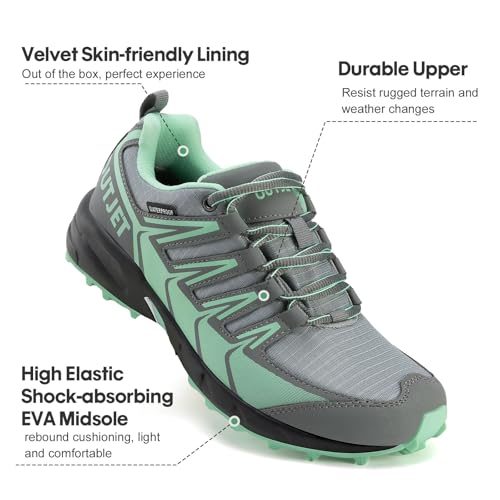 OUTJET Women's Waterproof Hiking Shoes Lightweight Non-Slip Trails Walking Shoes Outdoor Sneakers Green