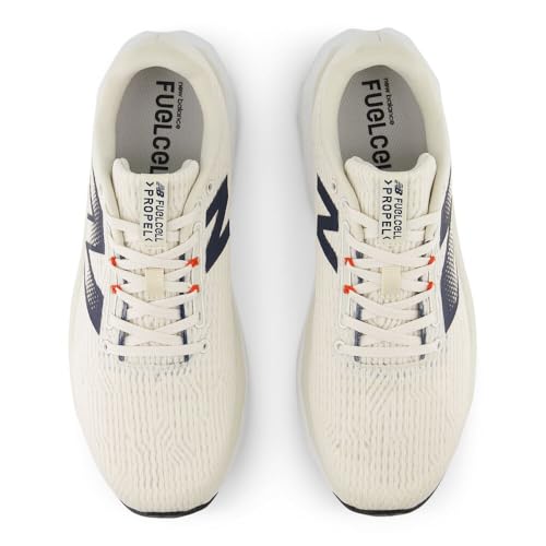 New Balance Men's FuelCell Propel V5 Running Shoe, Linen/Nb Navy/Neo Flame, 9 M