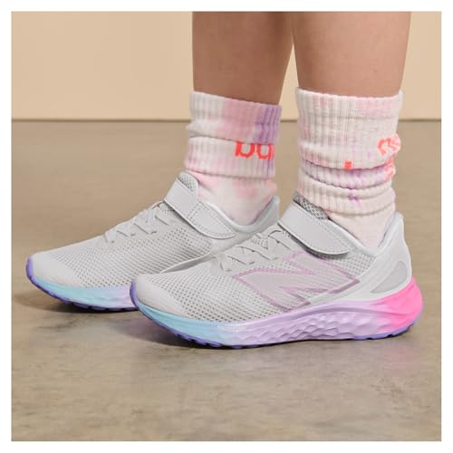 New Balance Kid's Fresh Foam Arishi V4 Bungee Lace with Top Strap Running Shoe, Grey Matter/Mid Century Pink/Lilac Glo, 1 M Little Kid