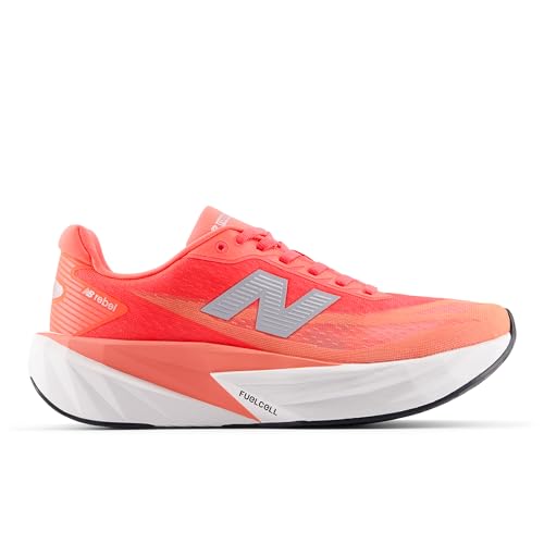New Balance Women's FuelCell Rebel V5 Running Shoe, Urgent Red/White/Silver Metallic, 7.5 M