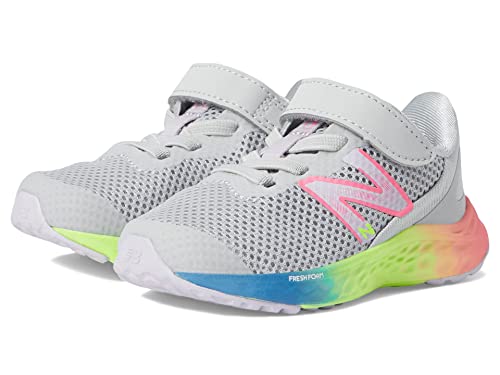 New Balance Baby Girls Fresh Foam Arishi V4 Hook and Loop Running Shoe, Light Aluminum/Cyber Lilac/Neon Pink, 4 Wide Infant