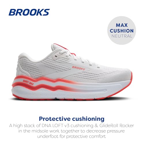 Brooks Women’s Ghost Max 2 Neutral Running & Walking Shoe - White/Hot Coral - 6 Medium
