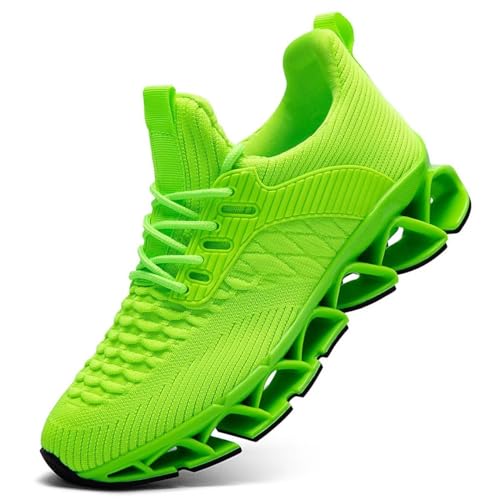 Mens Running Shoes Breathable Mesh Blade Walking Shoes Slip on Tennis Sneakers Fashion Non Slip Work Sport Gym Cross Trainer Fluorescent Green