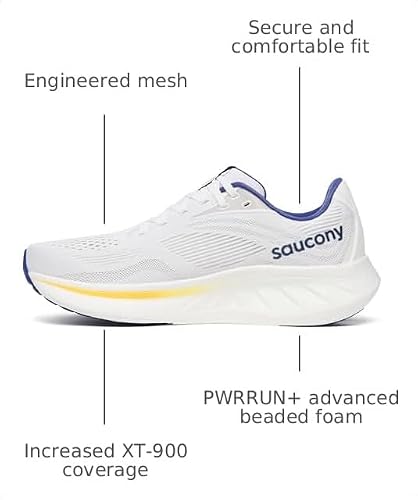 Saucony Men's Ride 18 Sneaker, White/Azurite, 14