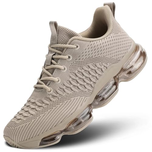 Men's Air Cushion Running Shoes Breathable Fashion Sneakers Non Slip Workout Casual Sport Gym Comfortable Walking Shoes Khaki