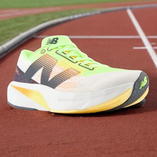 New Balance Women's FuelCell Rebel V4 Running Shoe, White/Bleached Lime Glo/Hot Mango, 5.5 W