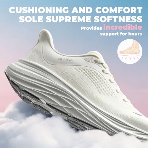 Vilanva Women's Comfortable White Walking Shoes Cushion Running Tennis Shoes Non-Slip Workout Gym Athletic Breathable Trendy Fashion Sneakers Size 8