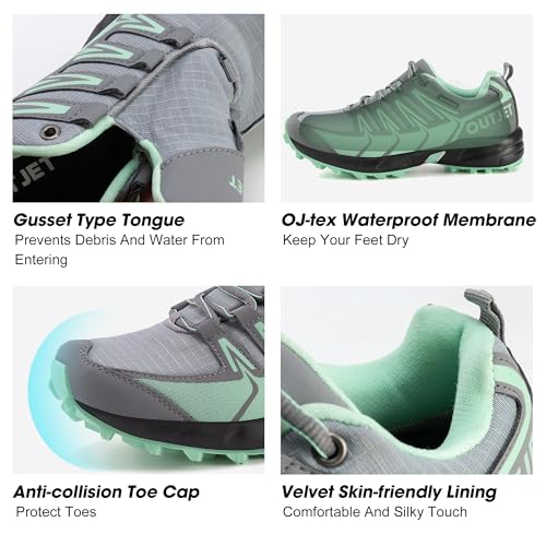 OUTJET Women's Waterproof Hiking Shoes Lightweight Non-Slip Trails Walking Shoes Outdoor Sneakers Green